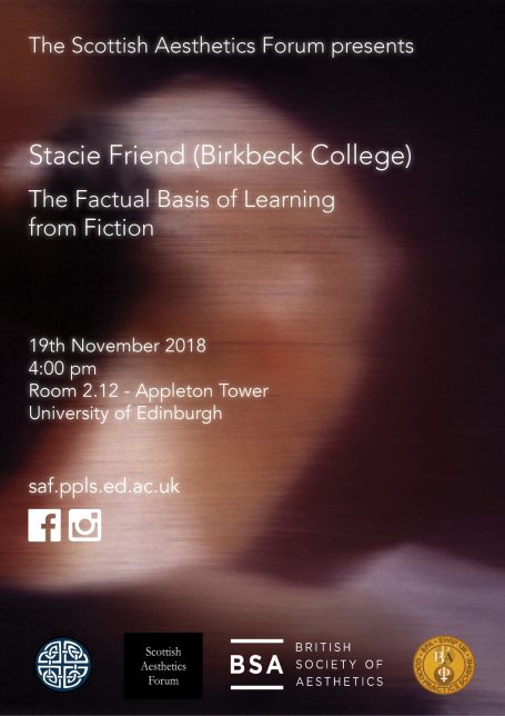 Event poster for a talk by Stacie Friend on learning from fiction, 19th November 2018.