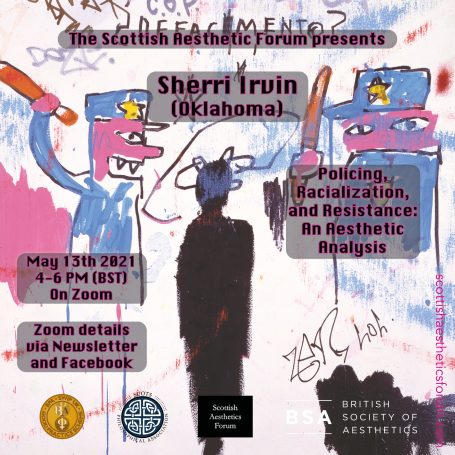 Event poster for Sherri Irwin's talk on policing and resistance, scheduled for May 13, 2021.