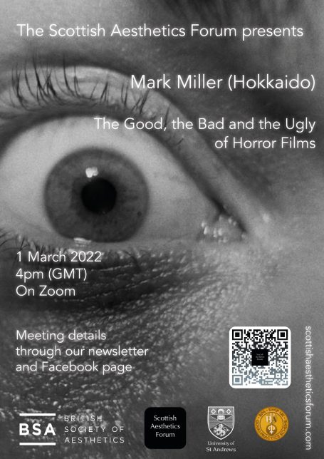 Poster for a forum event featuring Mark Miller discussing horror films with an eye graphic.