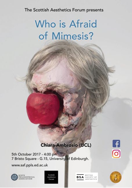 Poster for "Who is Afraid of Mimesis?" featuring a distorted human face with an apple.