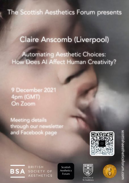 Event poster for a talk by Claire Anscomb on AI and human creativity, 9 December 2021.