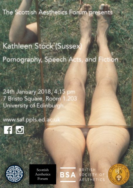 Poster for a talk by Kathleen Stock on pornography, featuring a close-up of two legs.
