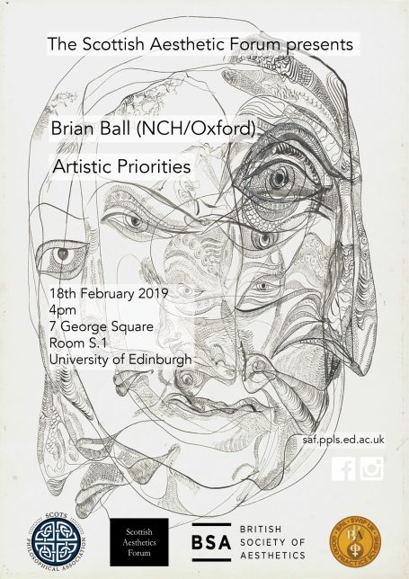 Poster for a talk by Brian Ball on artistic priorities, featuring event details and logos.