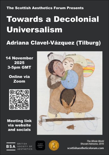Poster for a presentation titled "Towards a Decolonial Universalism" by Adriana Clavel-Vázquez.