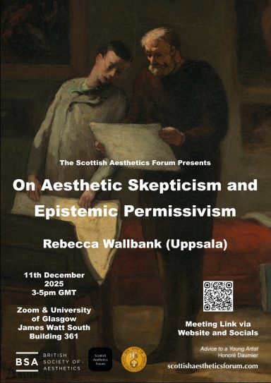 Poster for a lecture on aesthetic skepticism and epistemic permissivism by Rebecca Wallbank.