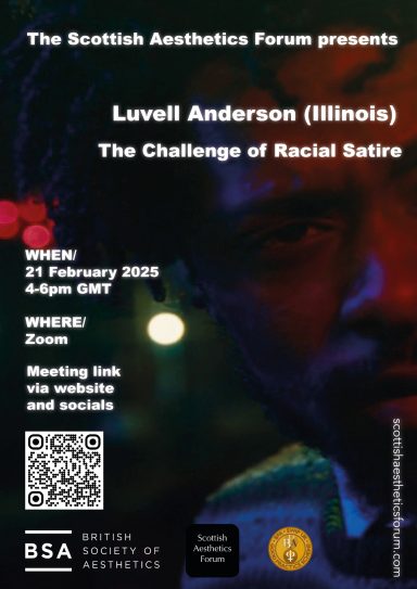 Poster for a talk by Lavell Anderson on racial satire, featuring event details and Zoom link.