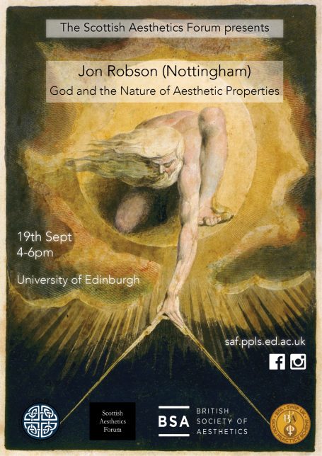 Event poster for a lecture titled "God and the Nature of Aesthetic Properties" at the University of Edinburgh.
