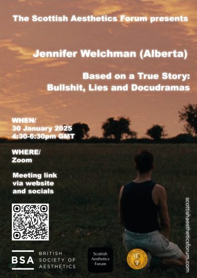 Event poster for "Based on a True Story: Bullshit, Lies and Docudramas" by Jennifer Welchman.