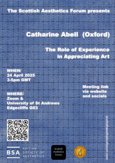 Event poster for a talk by Catharine Abell on experience in appreciating art, 24 April 2023.