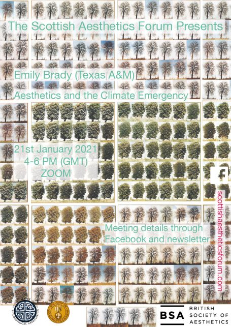 Event poster for a talk by Emily Brady on aesthetics and the climate emergency. 